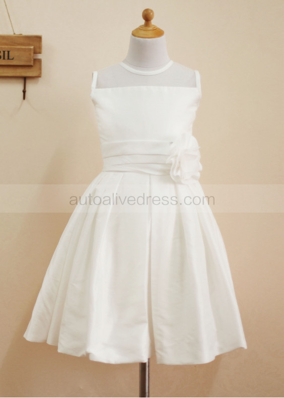 Sheer Neck Ivory Tulle Taffeta Knee Length Flower Girl Dress
